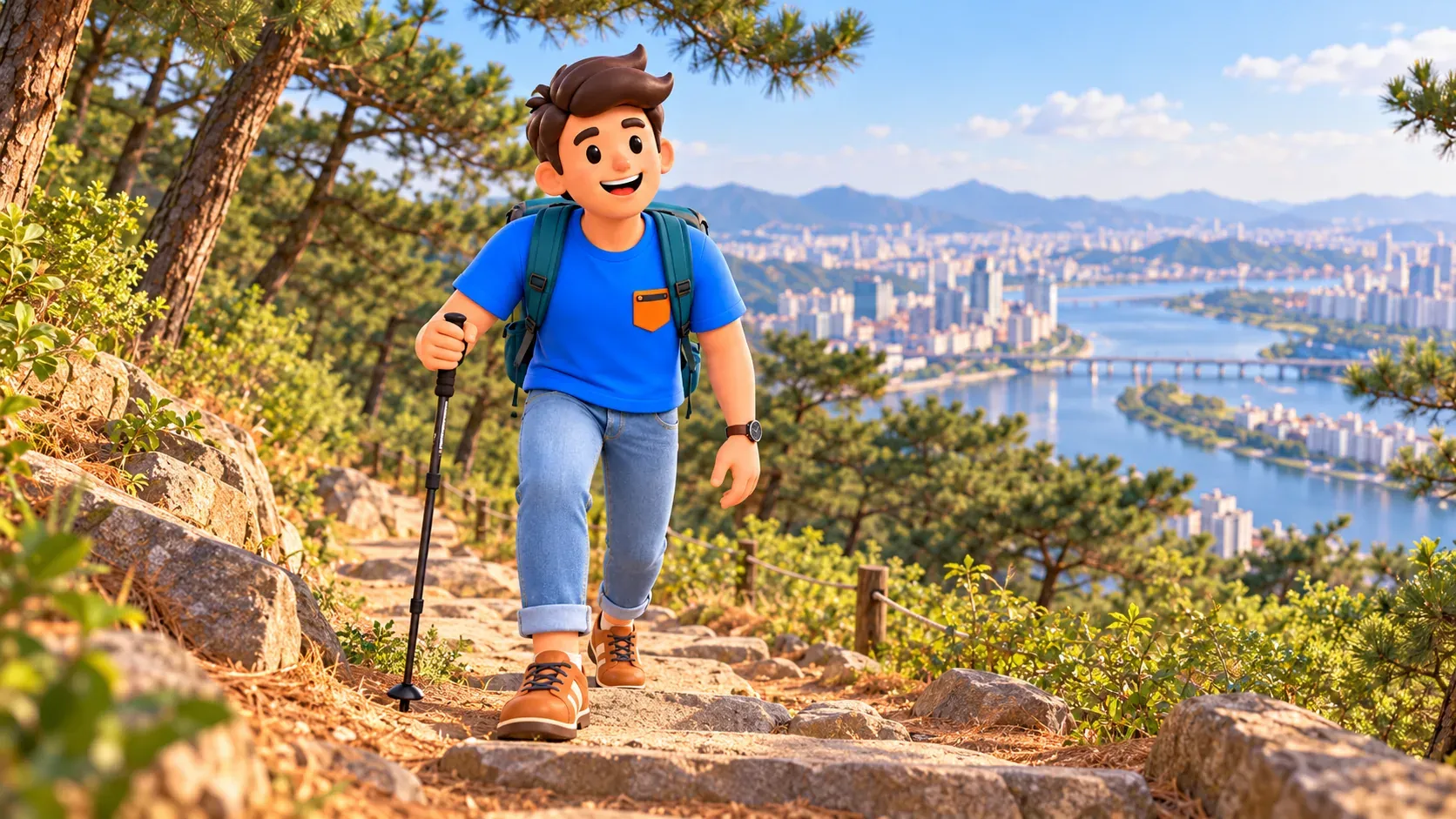 Viajero subiendo por un sendero arbolado con bastón