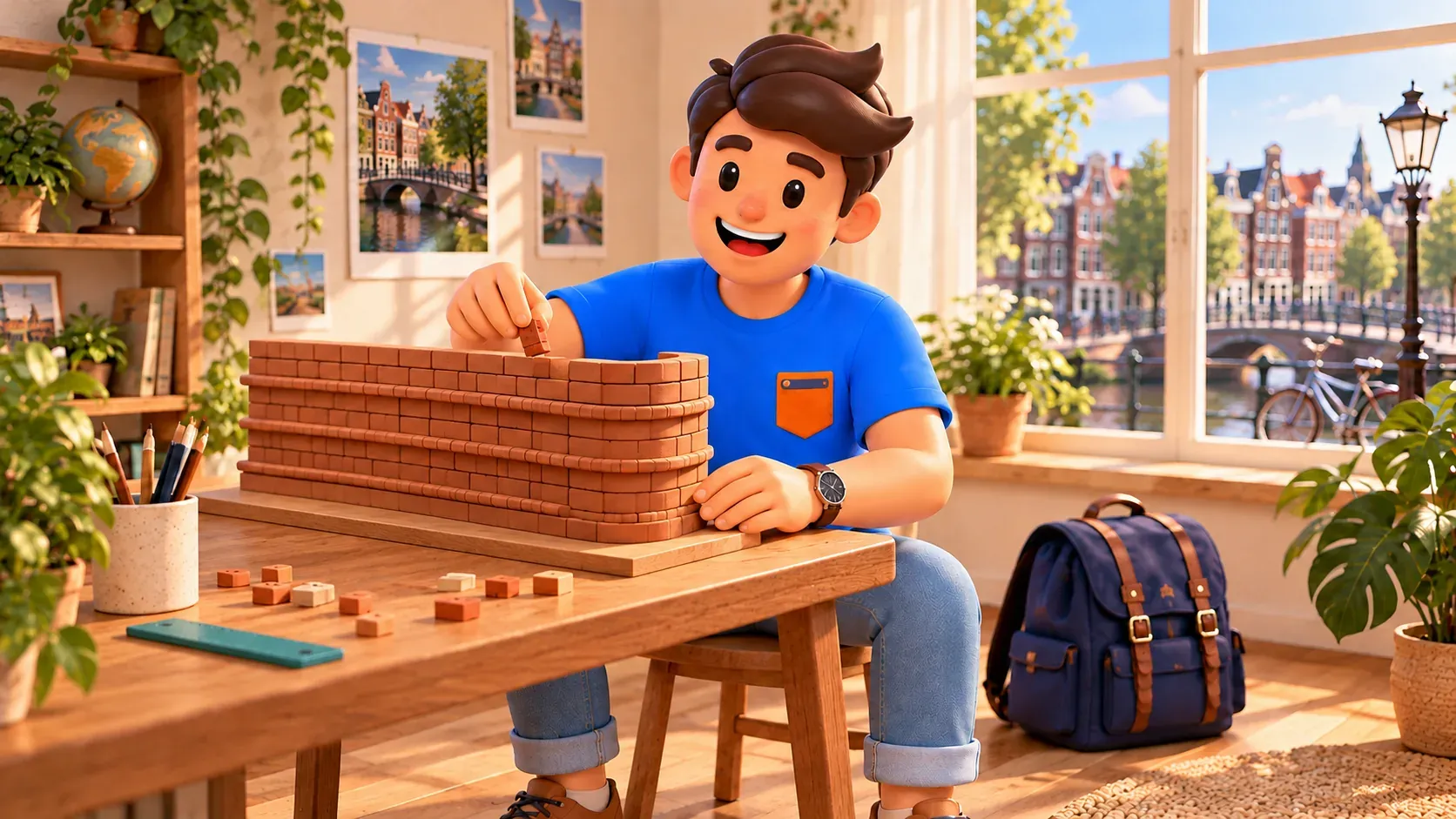 Thematic illustration of a traveller studying a personal model of a curved brick wall with projecting bands at a table