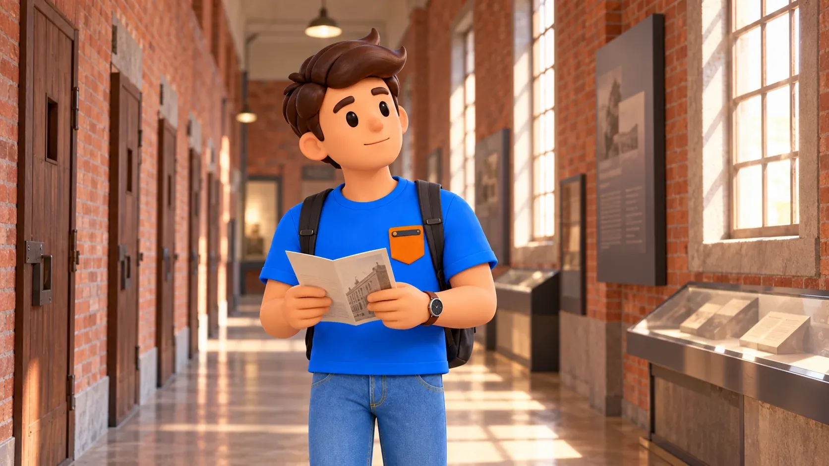 Viajero con su folleto en un pasillo histórico imaginario