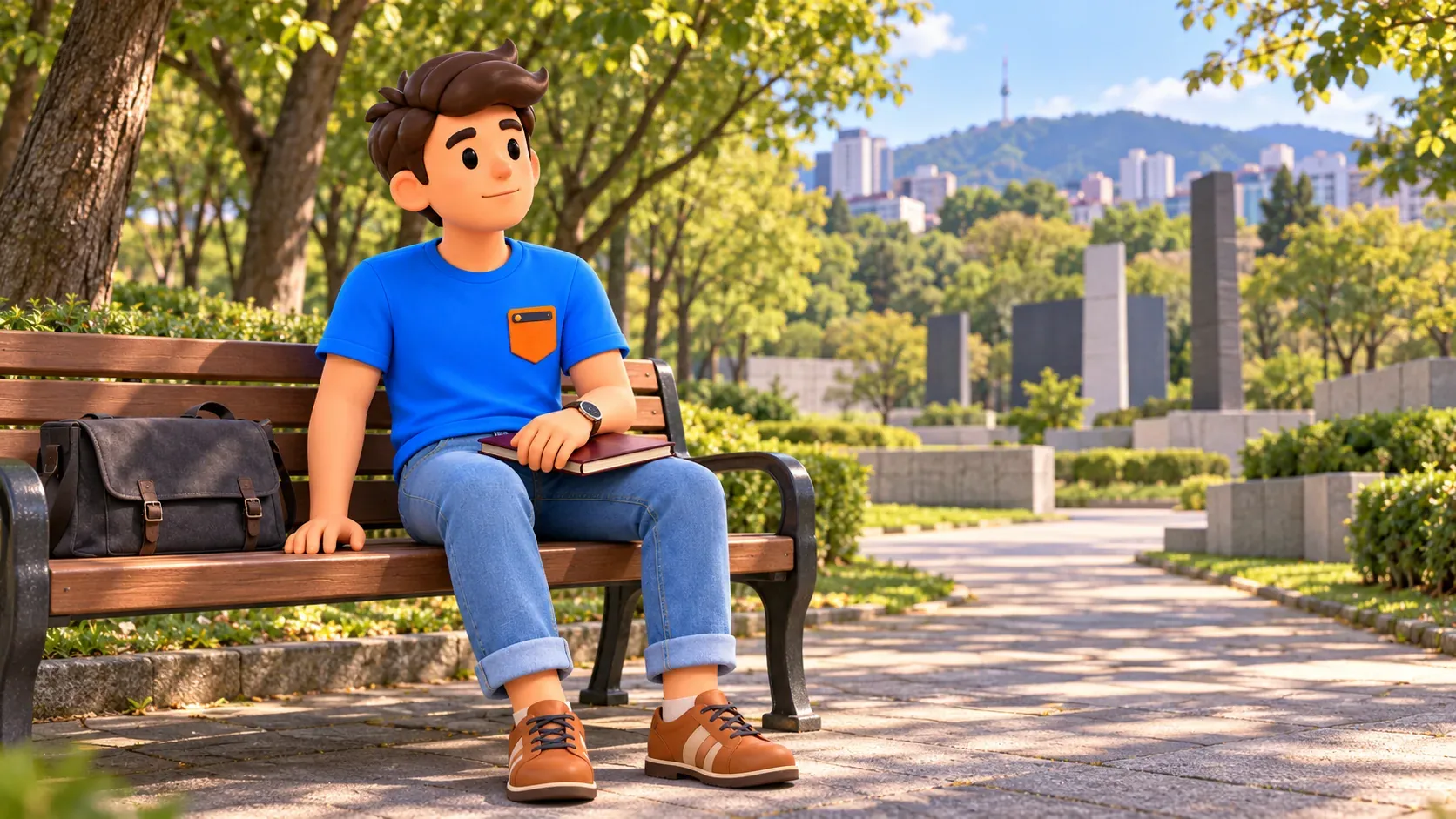 Viajero sentado tranquilamente con cuaderno cerrado en un parque conmemorativo
