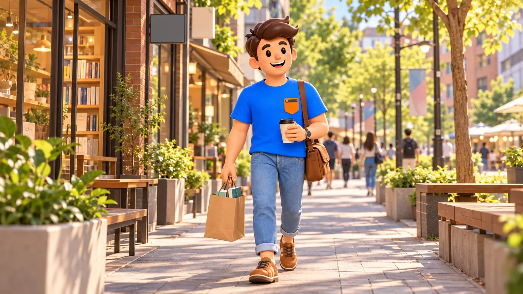 Voyageur avec livres et café dans un quartier universitaire