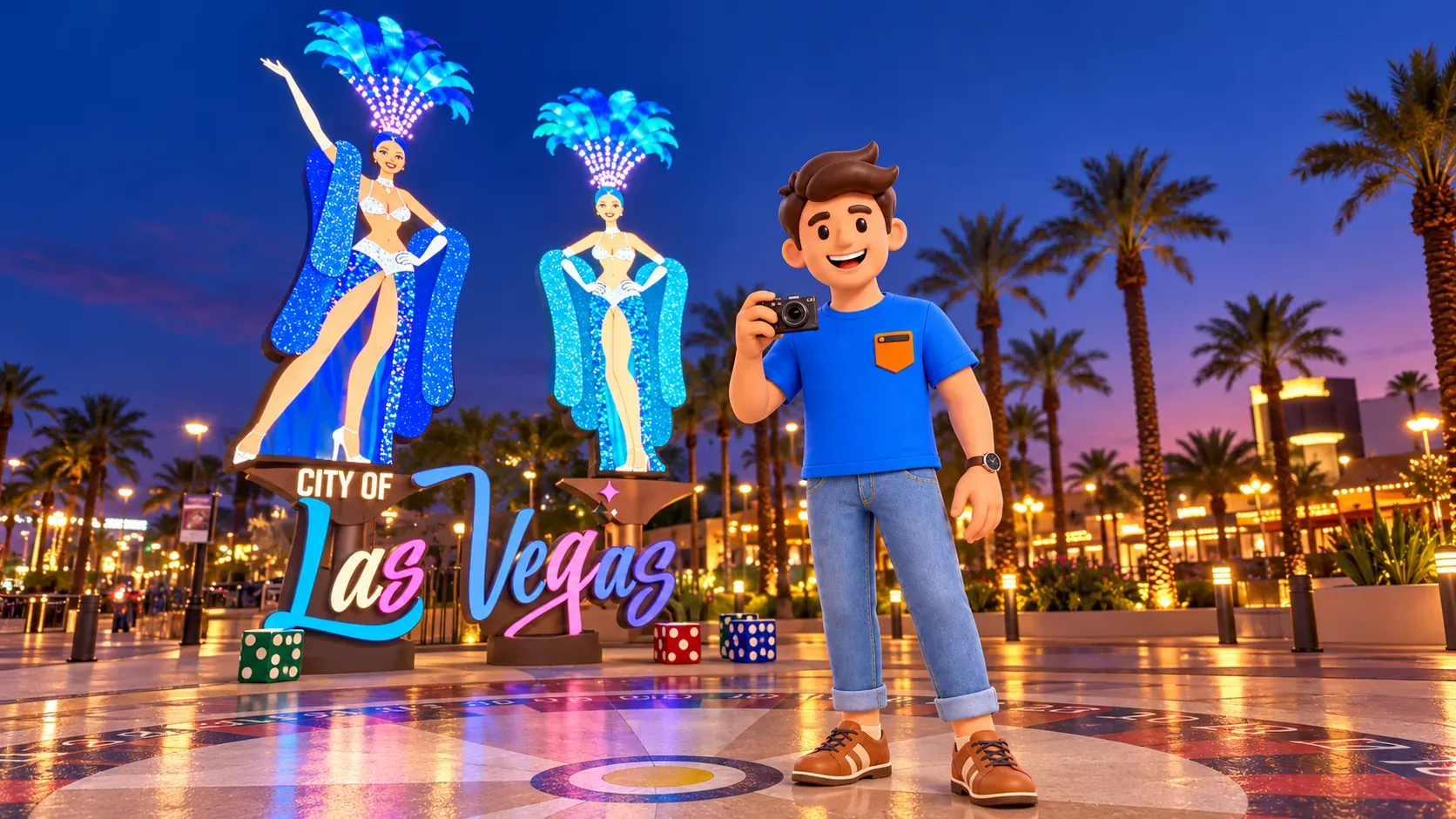 Voyageur avec appareil photo près des Showgirl Gateway Signs au crépuscule