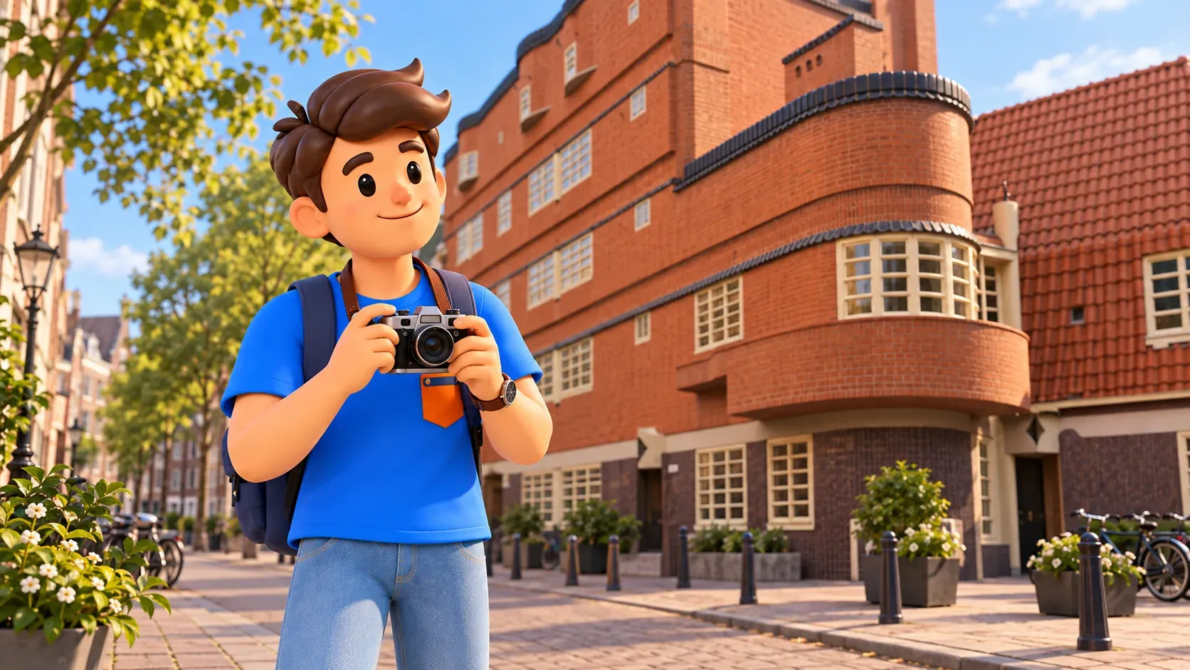Illustration inspired by Het Schip, with a traveller holding a compact camera and observing architecture from the public pavement