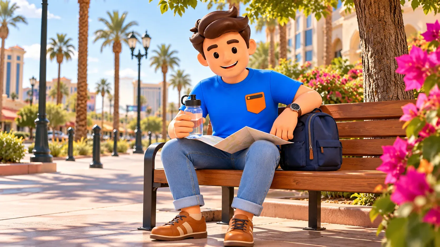 Illustration d’une pause de balade avec de l’eau et une carte sur un banc