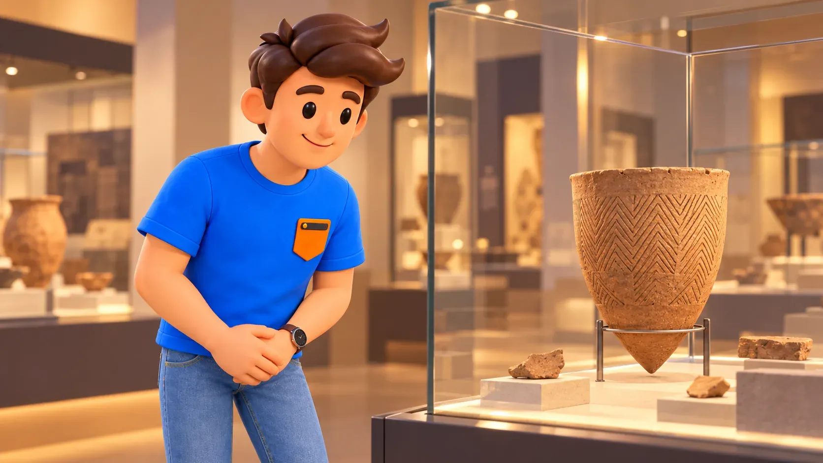Viajero observando una vasija ilustrativa con decoración de peine tras un cristal
