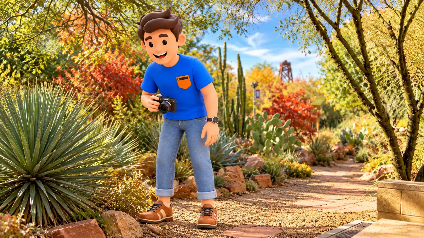 Voyageur avec un appareil photo observant les plantes du Botanical Garden de Springs Preserve