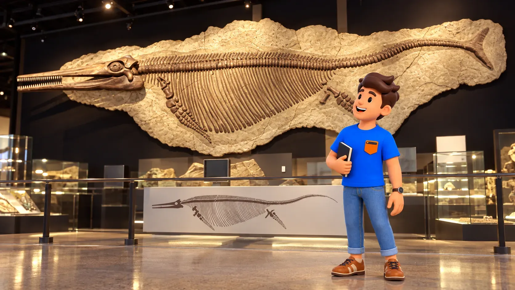 Voyageur observant le fossile d’ichtyosaure au Nevada State Museum de Las Vegas