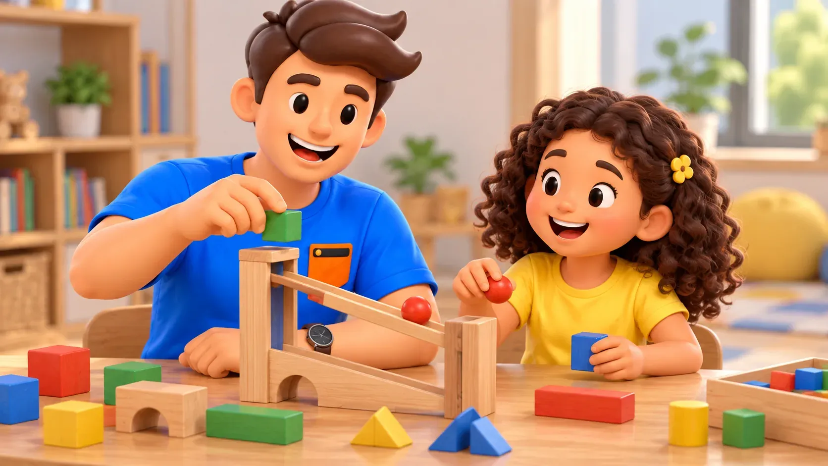 Ilustración conceptual de un adulto y una niña jugando con bloques y una rampa