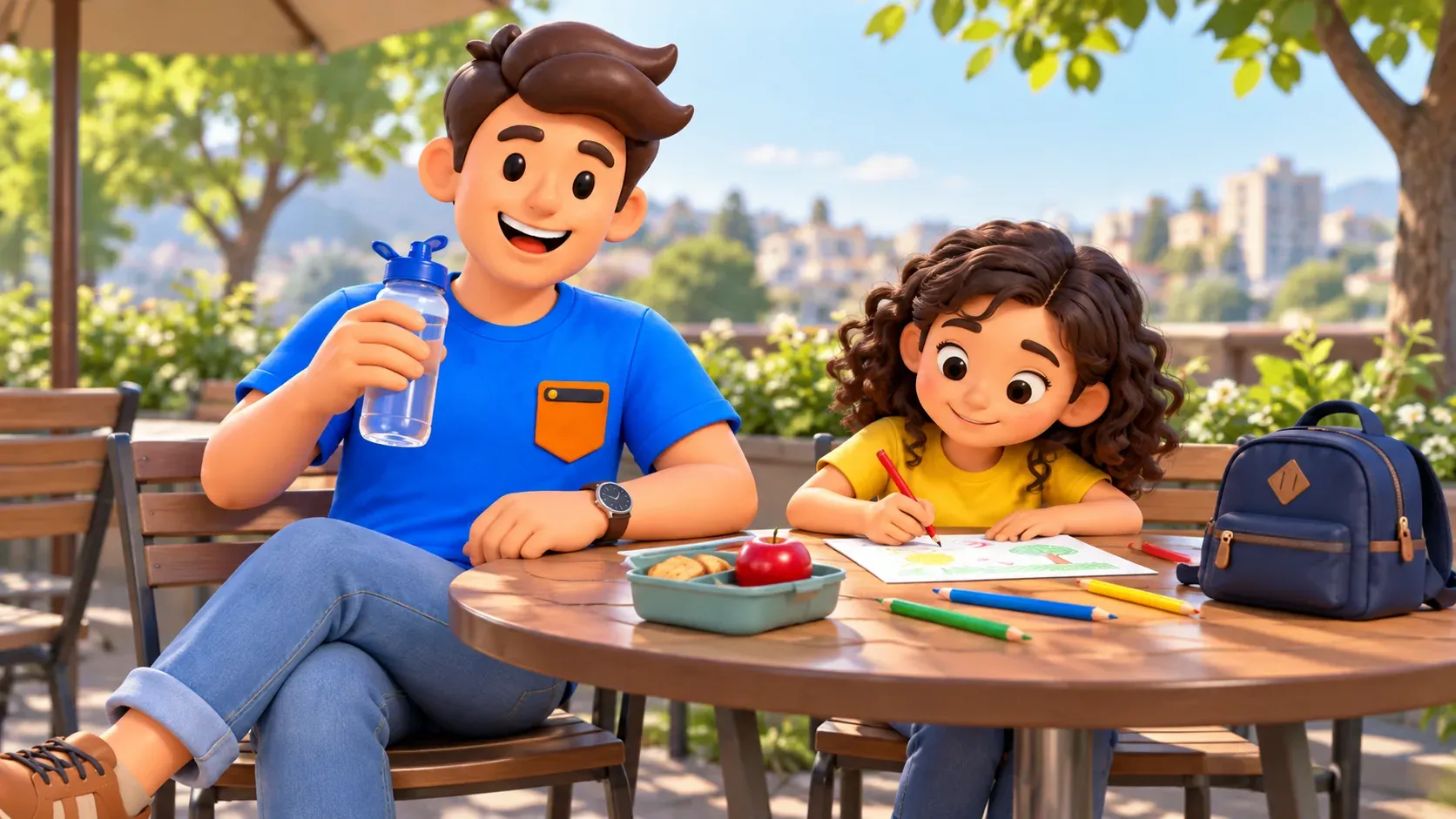 Pausa familiar conceptual con agua, aperitivo y dibujo en una mesa a la sombra