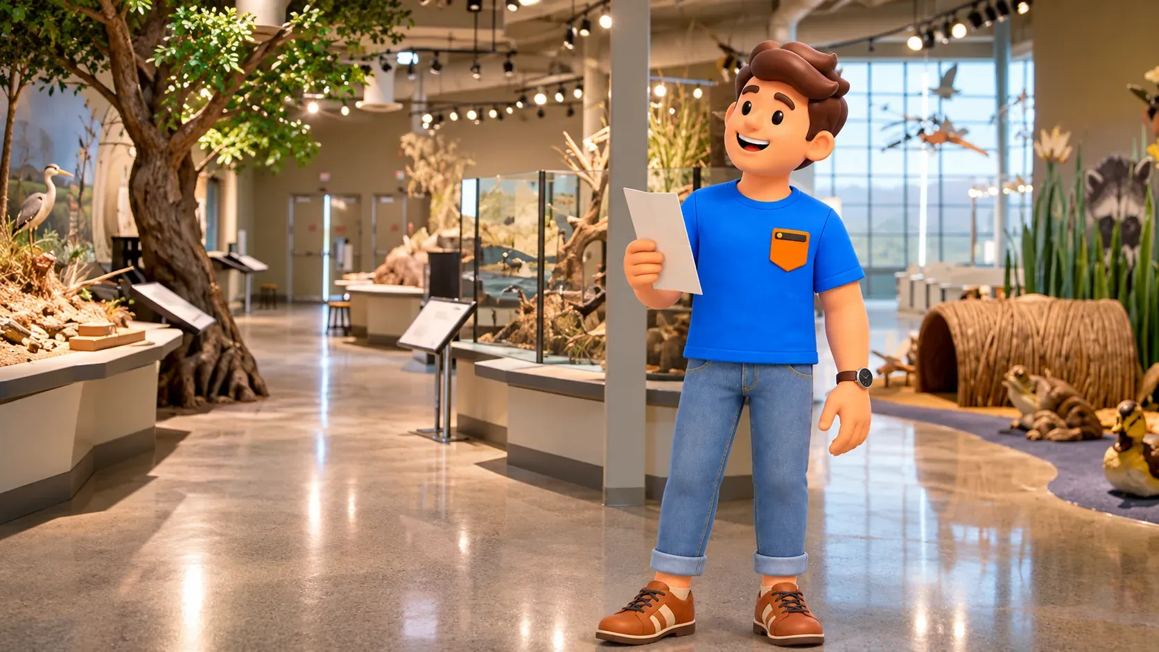 Viajero con folleto en Exhibit Gallery de Wetlands Park Nature Center