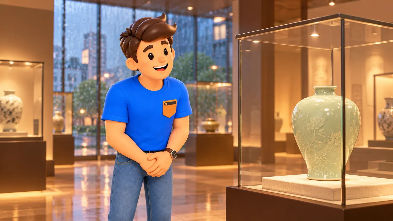 Voyageur observant un vase coréen imaginaire en céladon sous vitrine