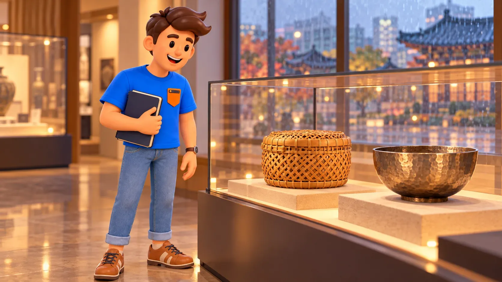 Voyageur observant un panier tressé et un bol métallique sous vitrine