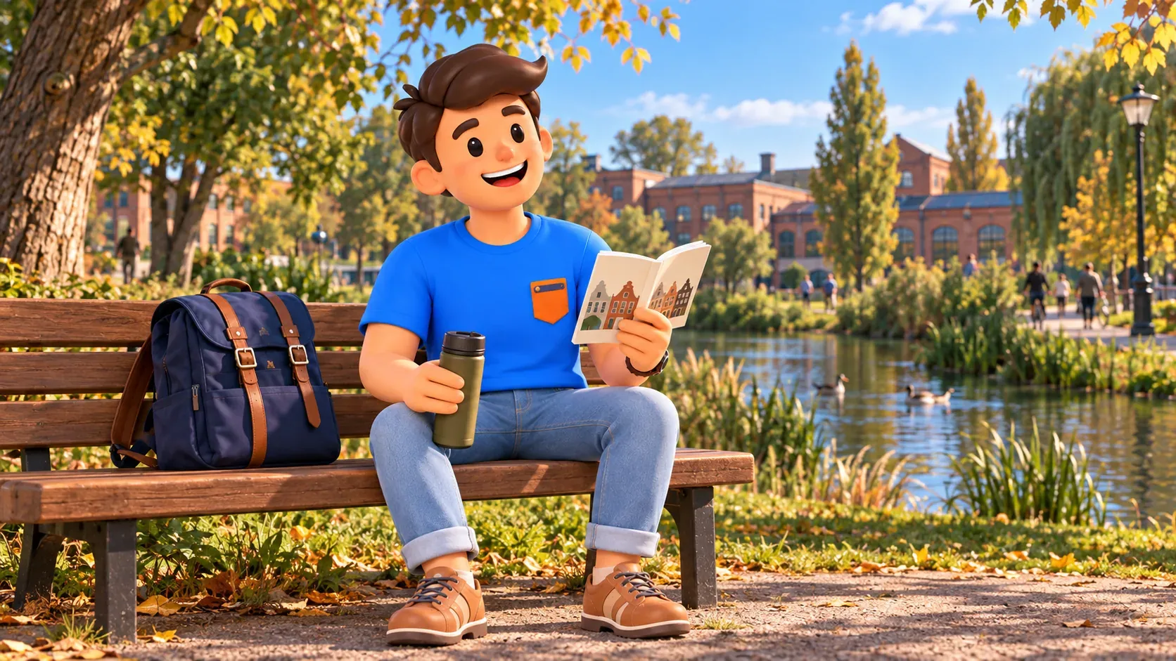 Thematische Illustration einer Parkpause mit Reisendem, Thermosflasche und Buch am Teich vor allgemeinen Industriebauten im Hintergrund