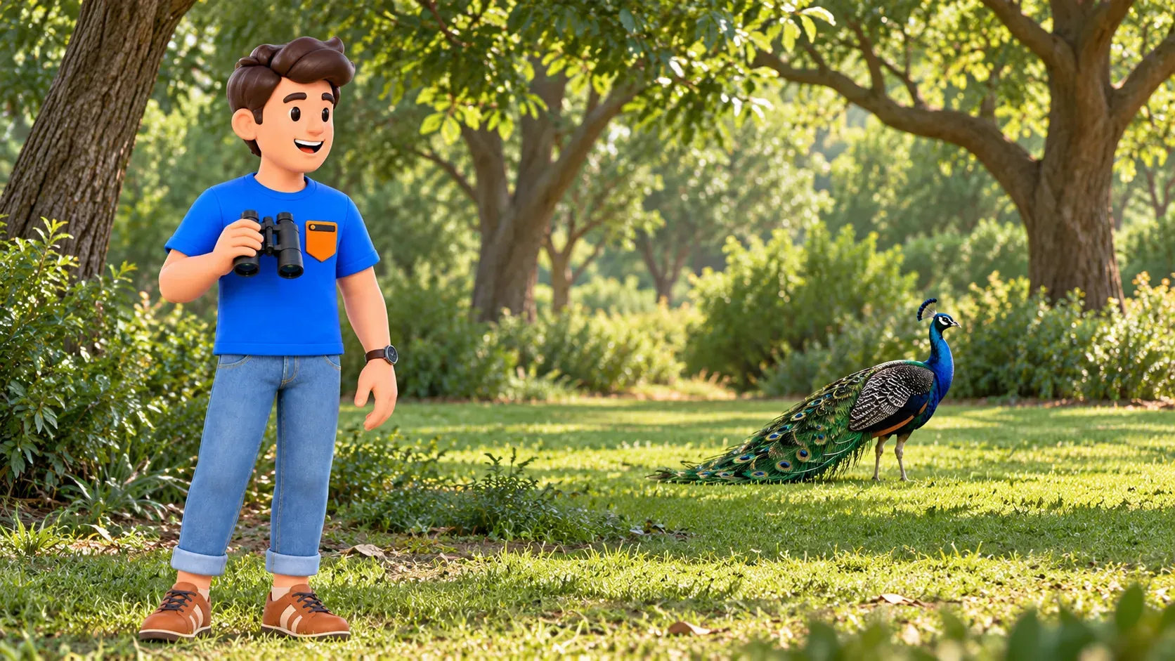 Ilustración de un viajero observando un pavo real a distancia