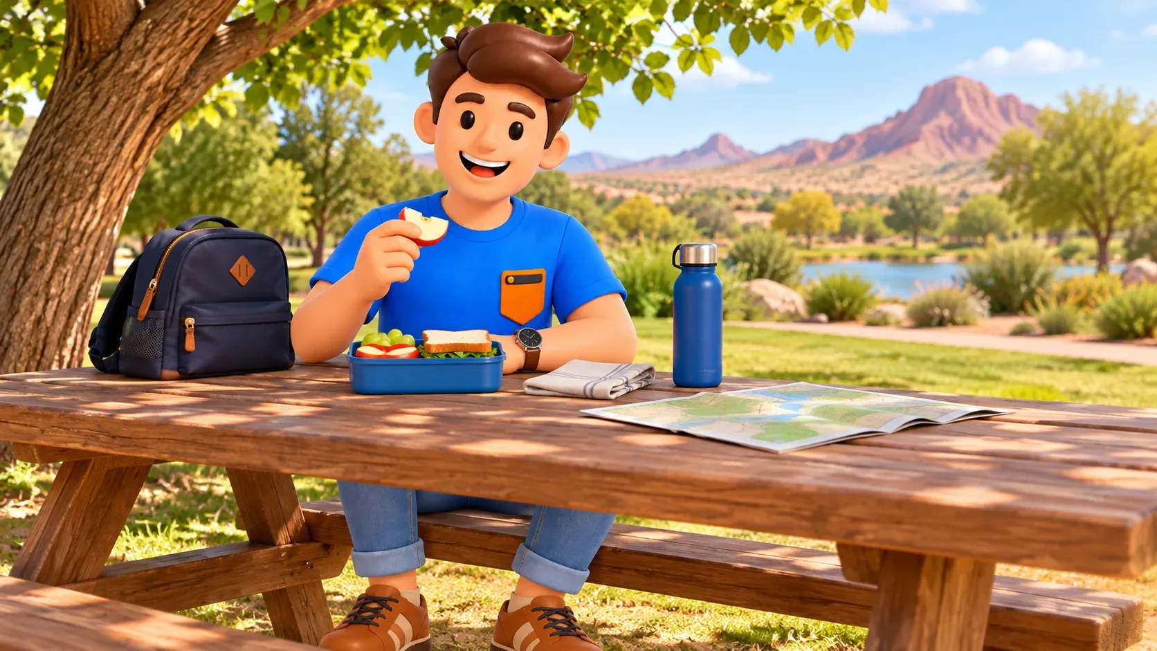 Ilustración conceptual de una pausa con un aperitivo en una mesa de pícnic