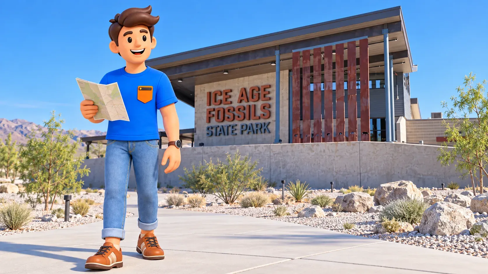 Viajero con mapa ante el centro de visitantes de Ice Age Fossils State Park