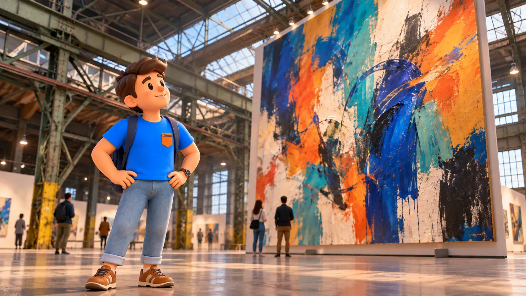 Thematische Illustration einer erfundenen Galerie nach industriellen Räumen von NDSM mit Reisendem vor großer abstrakter Leinwand unter Stahlträgern