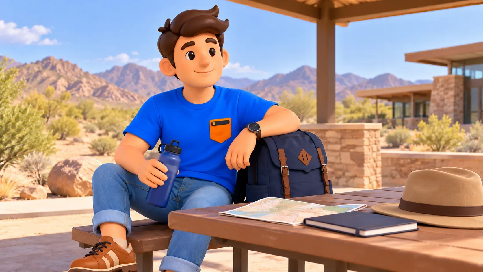 Ilustración conceptual de una pausa en el desierto con agua, mapa y mochila bajo techo