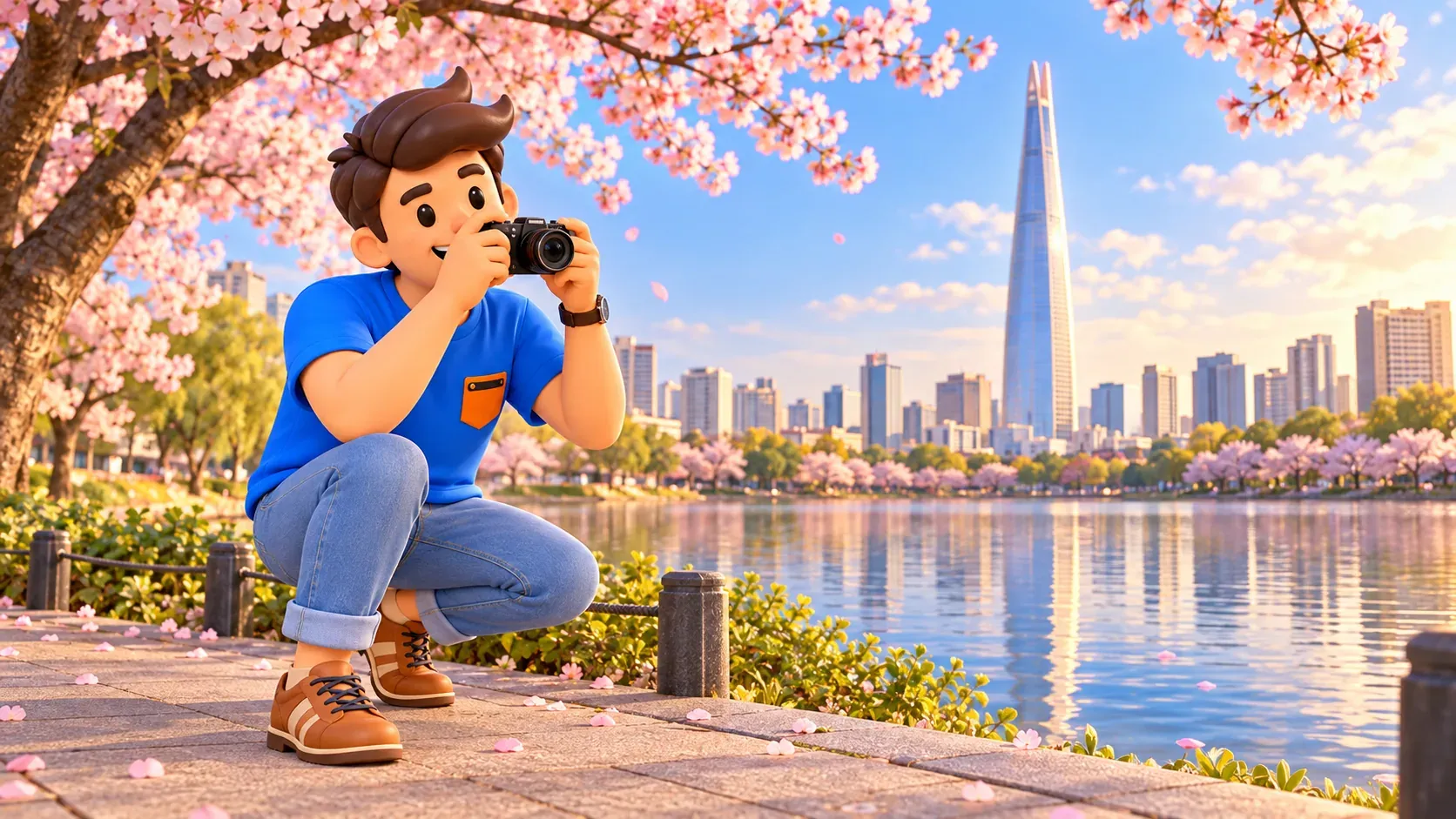 Traveller with a camera beside Seokchon Lake and Lotte World Tower