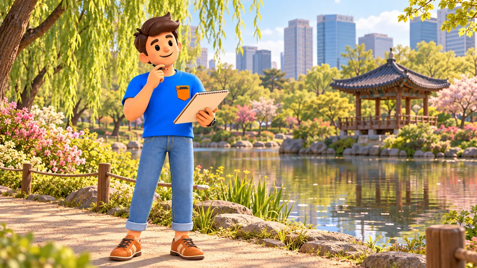 Traveller with a sketchbook beside an illustrative garden pond and pavilion