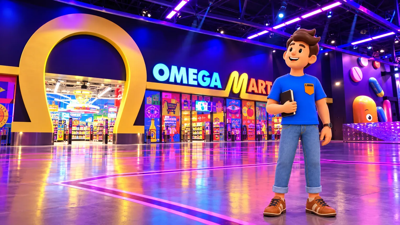 Персонаж с блокнотом перед ярким фасадом Omega Mart в AREA15