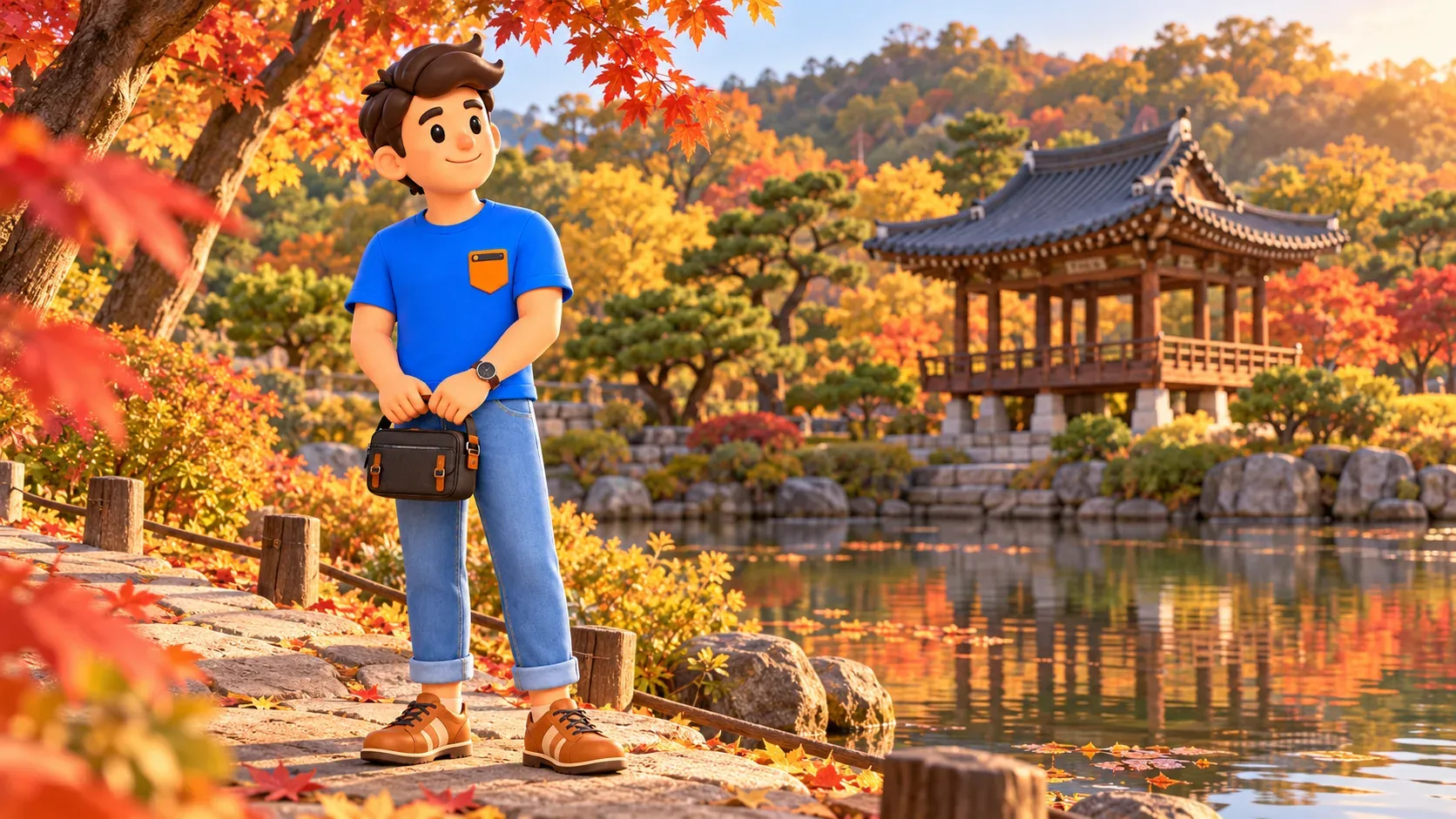 Traveller beside a stylised palace garden pond in autumn