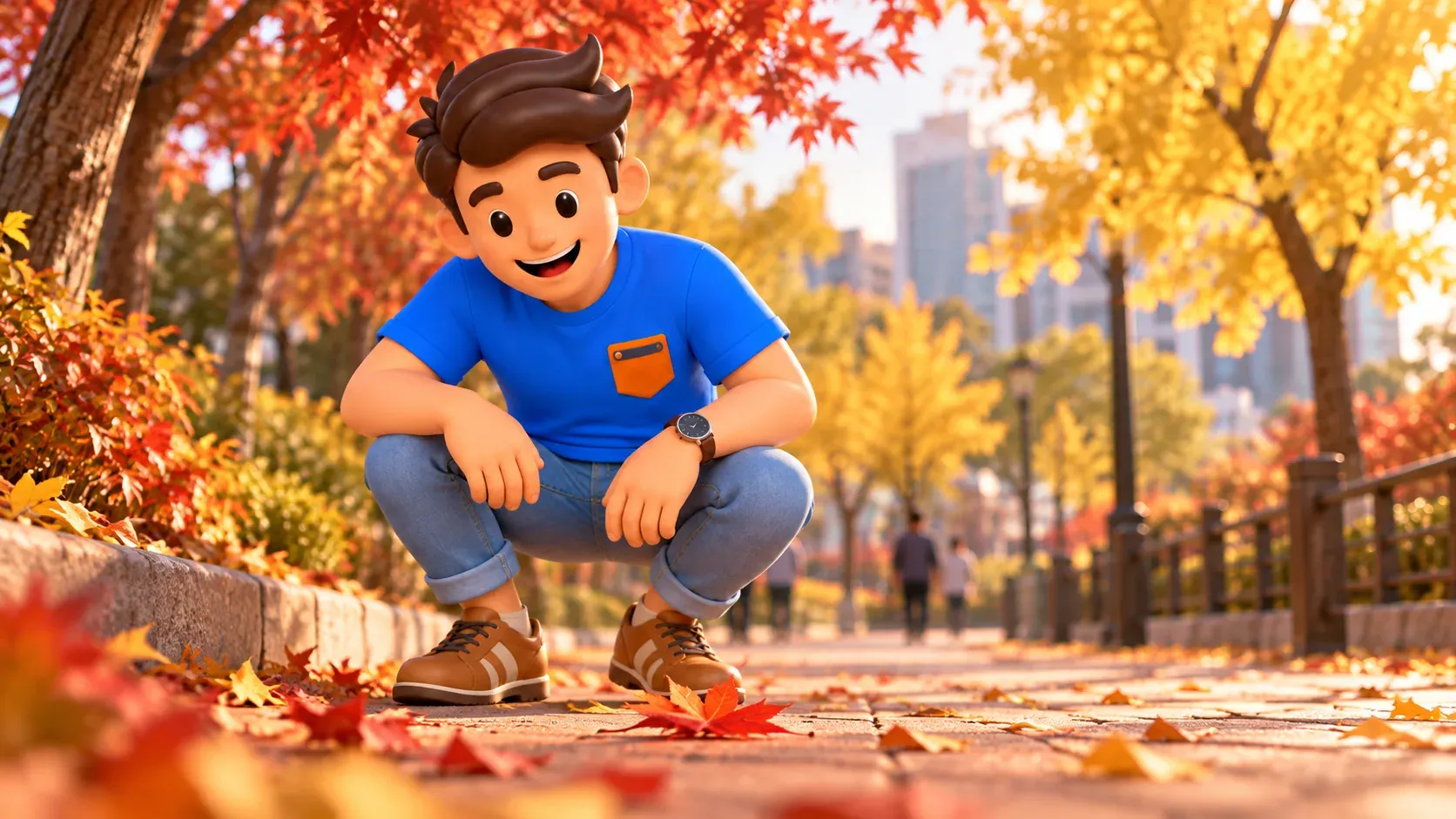 Traveller observing a fallen maple leaf at a park path edge