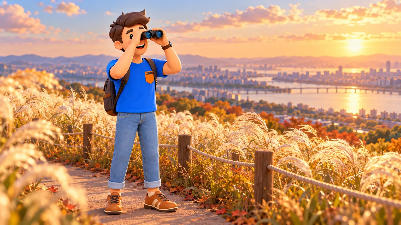 Traveller using binoculars on a path through silver grass