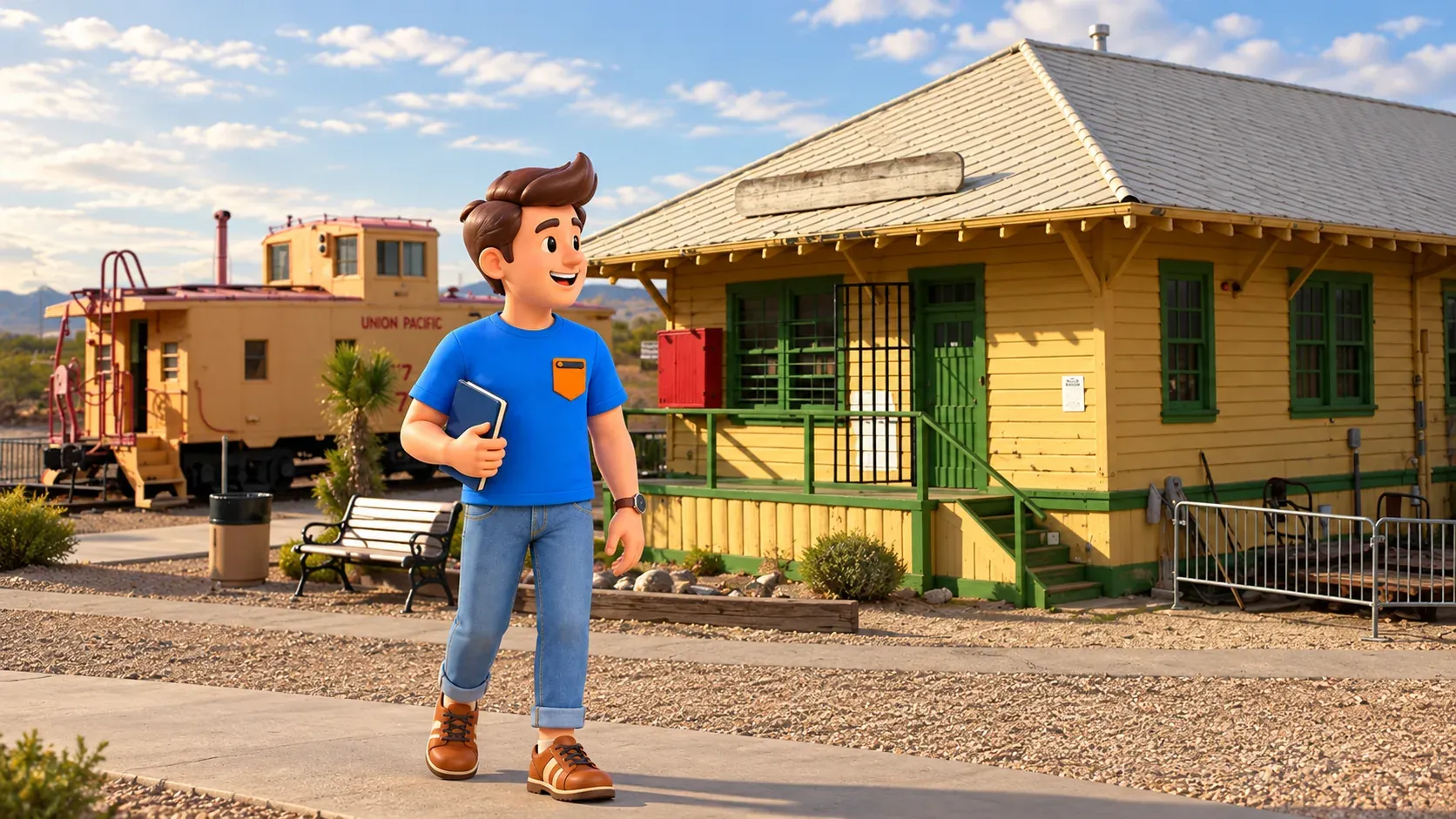 Персонаж рассматривает Boulder City Depot и вагон в музее