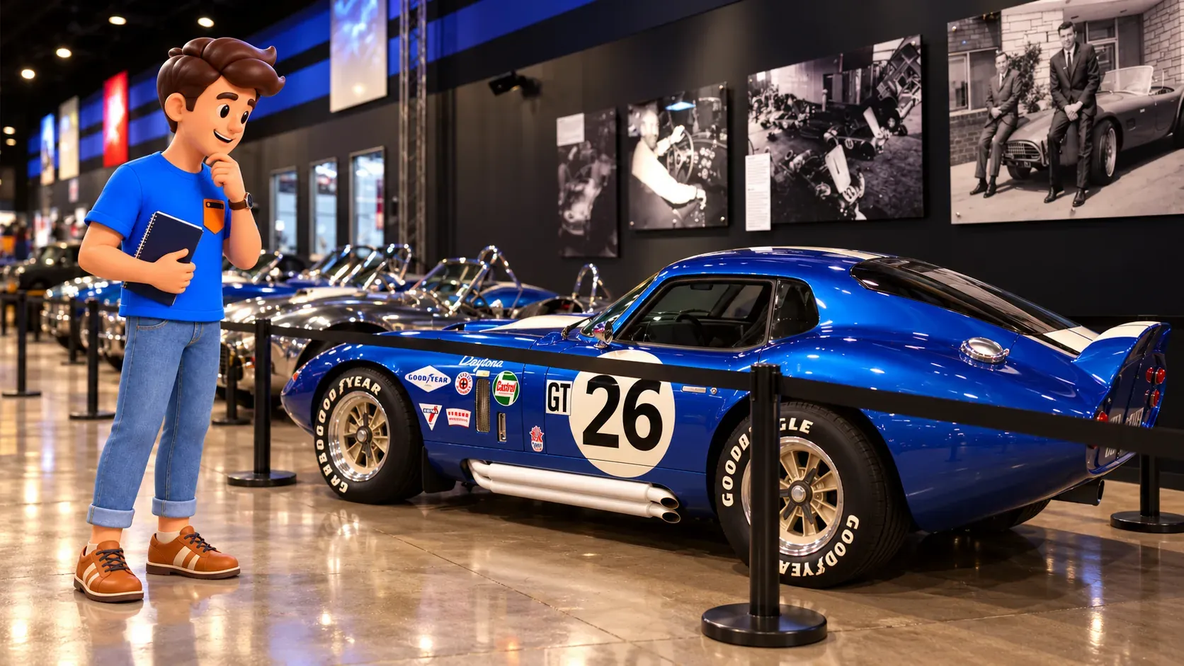 Персонаж с блокнотом рассматривает гоночный автомобиль за ограждением в Shelby