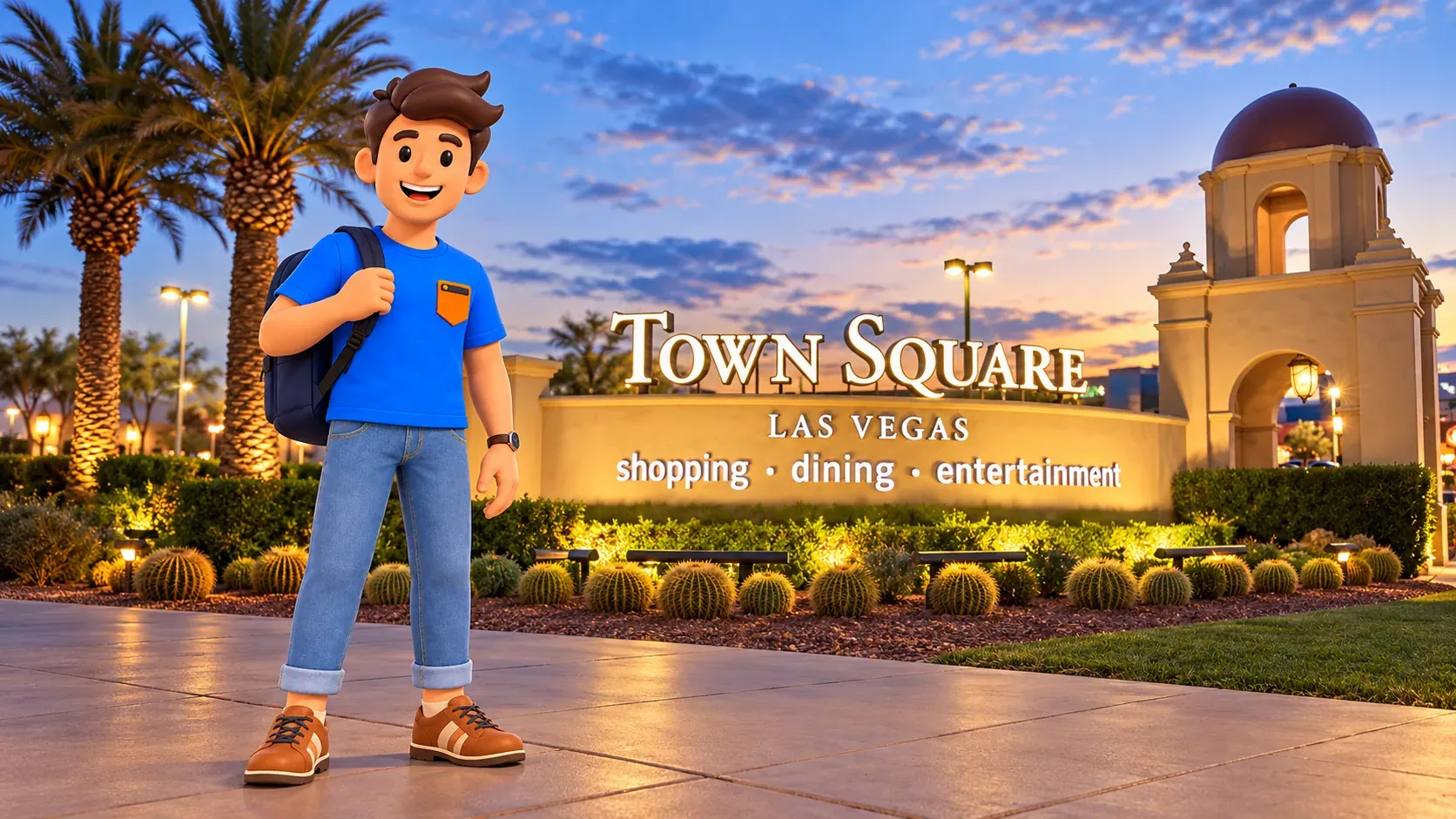 Персонаж с рюкзаком возле въездной композиции Town Square Las Vegas