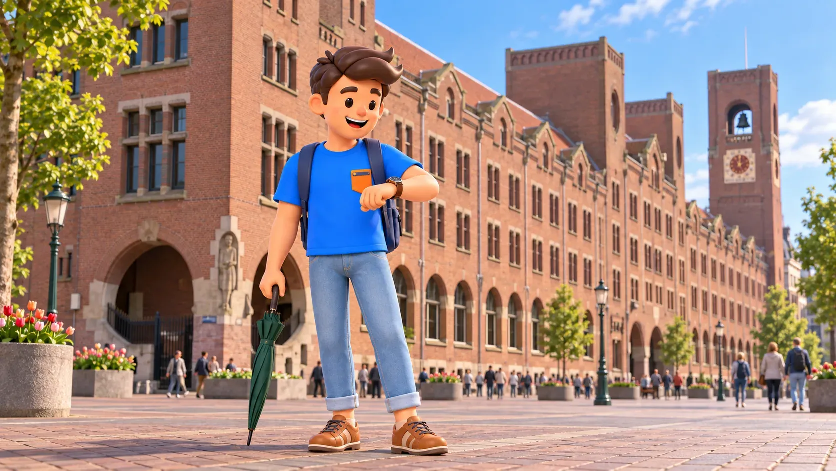 Ilustración inspirada en el exterior de la Bolsa de Berlage, con un viajero, un paraguas cerrado y una mirada al reloj durante una salida breve