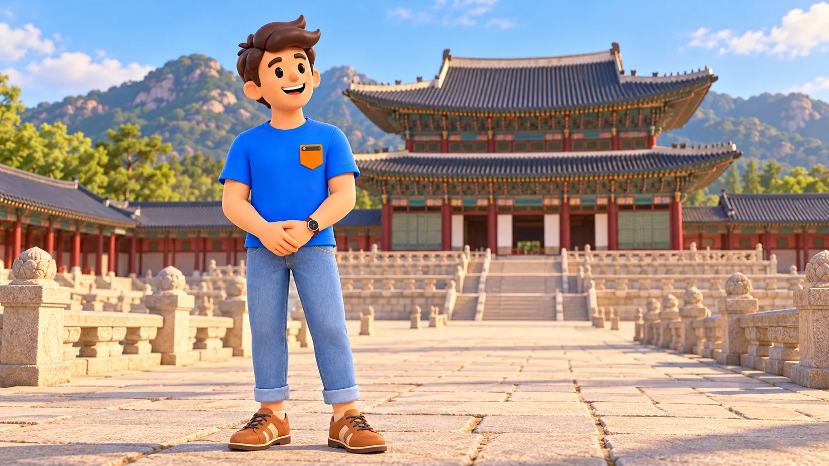 Traveller observing a ceremonial palace courtyard axis
