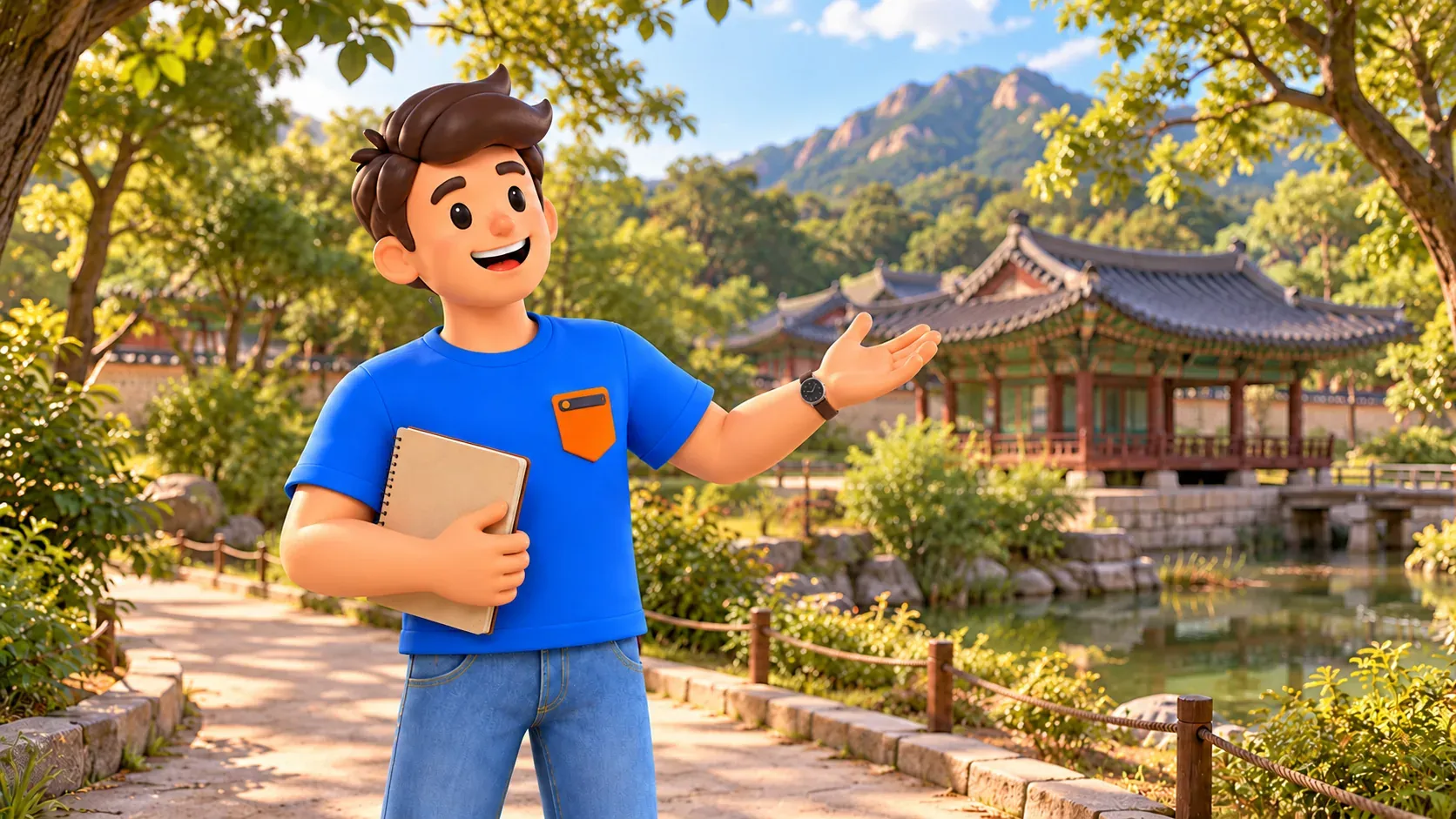 Traveller with a notebook on a stylised palace garden path