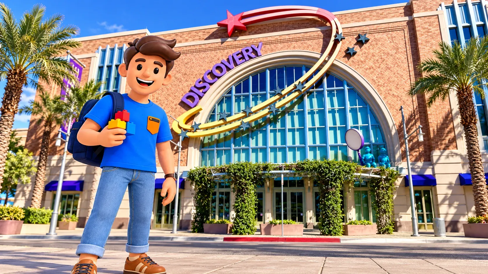 Voyageur avec des briques de jeu devant DISCOVERY Children’s Museum