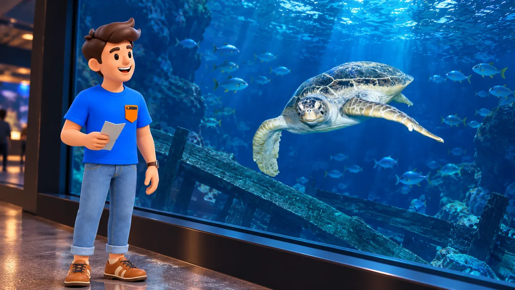 Illustration d’un visiteur observant une tortue marine au Shark Reef Aquarium