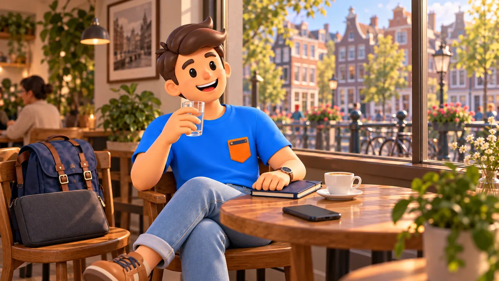 Ilustración temática de una pausa breve en una cafetería imaginaria, con un viajero, agua, cuaderno cerrado y objetos de trabajo