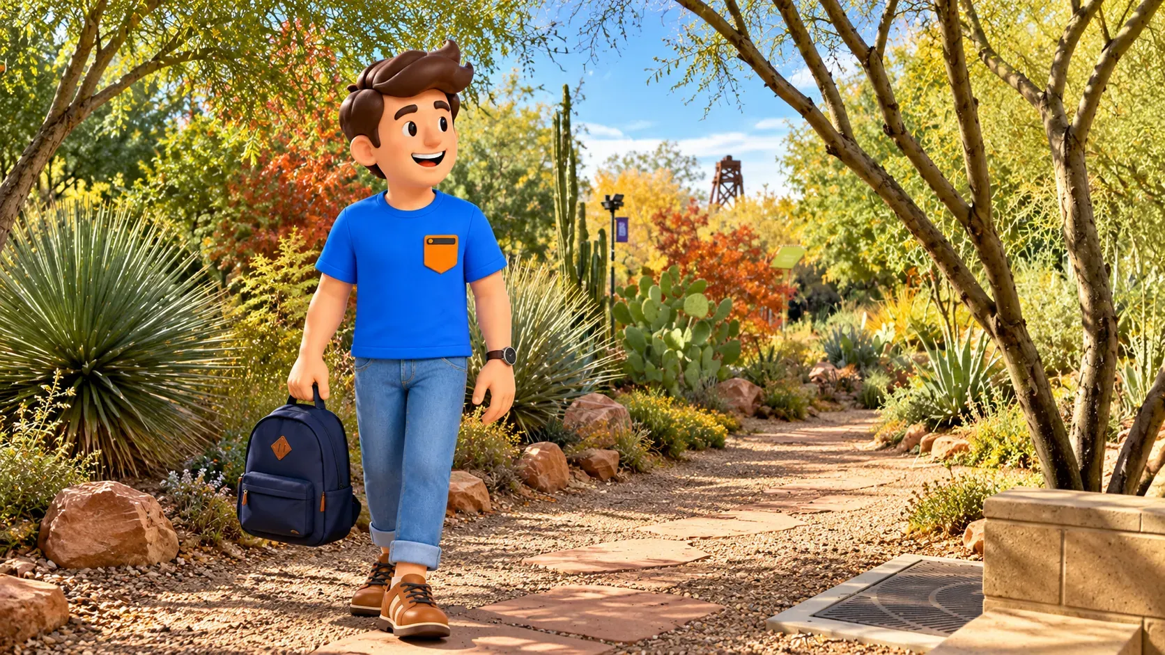 Voyageur avec un sac à dos sur un chemin du jardin de Springs Preserve