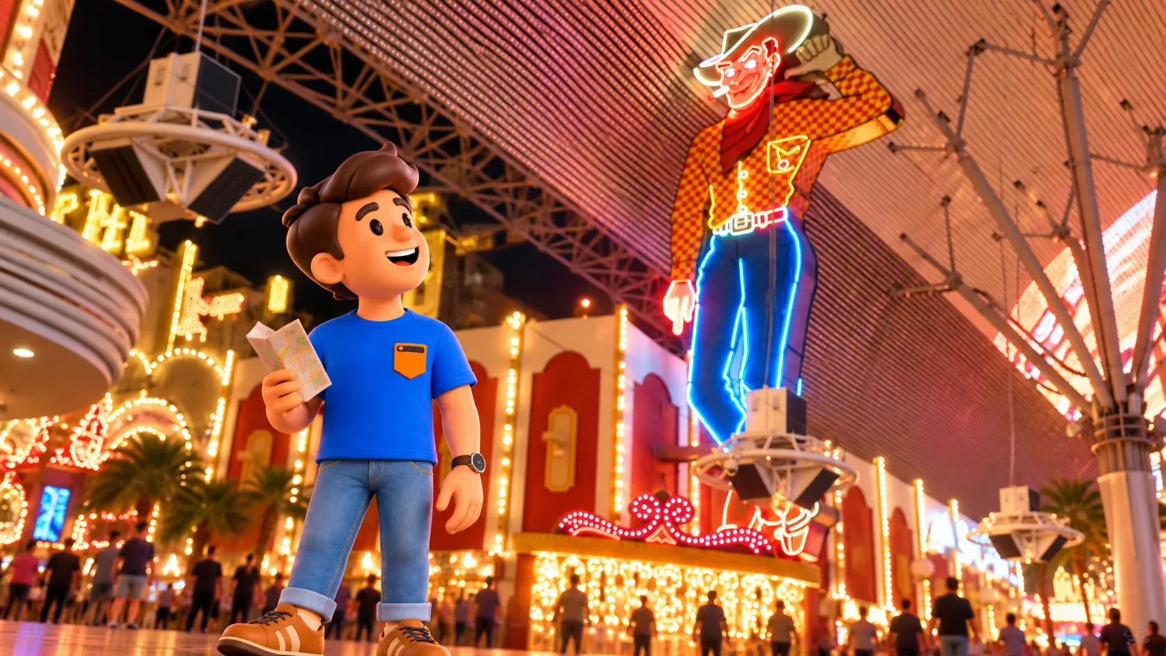 Reisender mit Faltblatt unter dem historischen Vegas-Vic-Schild