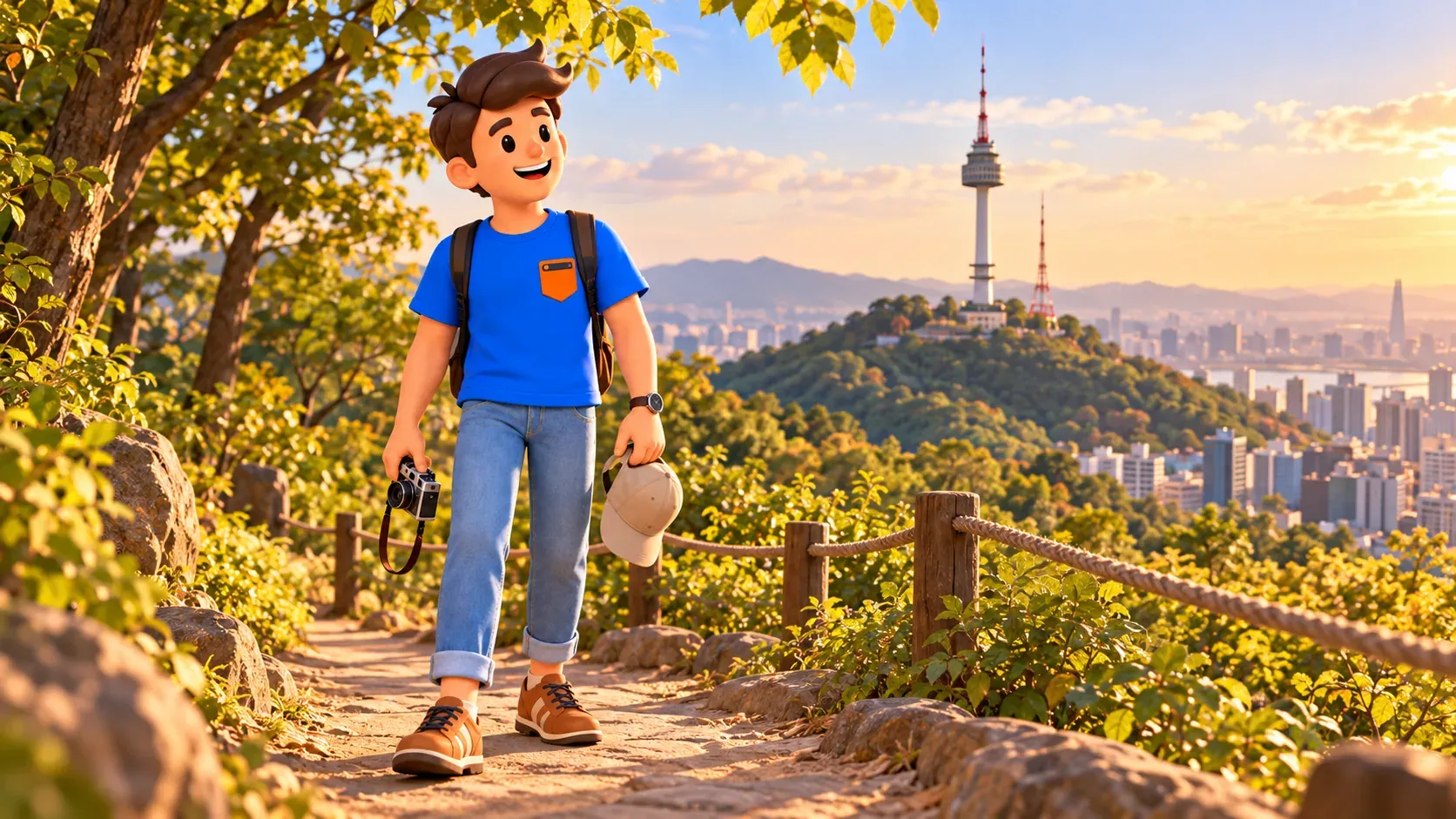 Traveller with camera and cap on a green approach towards the television tower