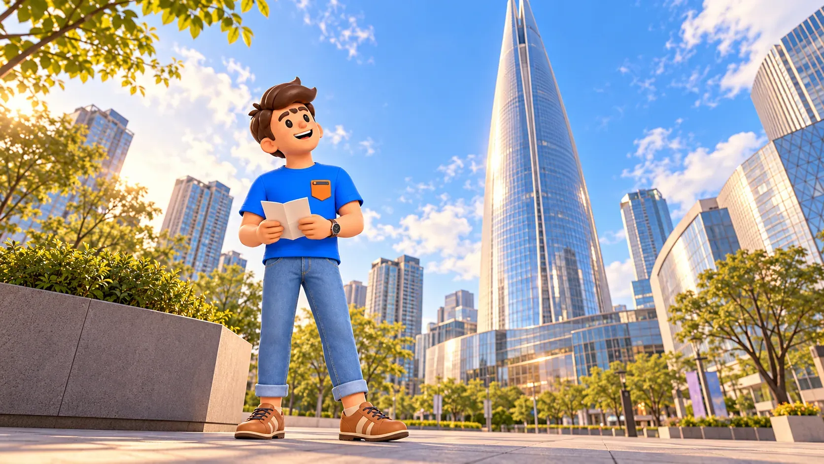 Traveller looking up beside a stylised tapering glass tower