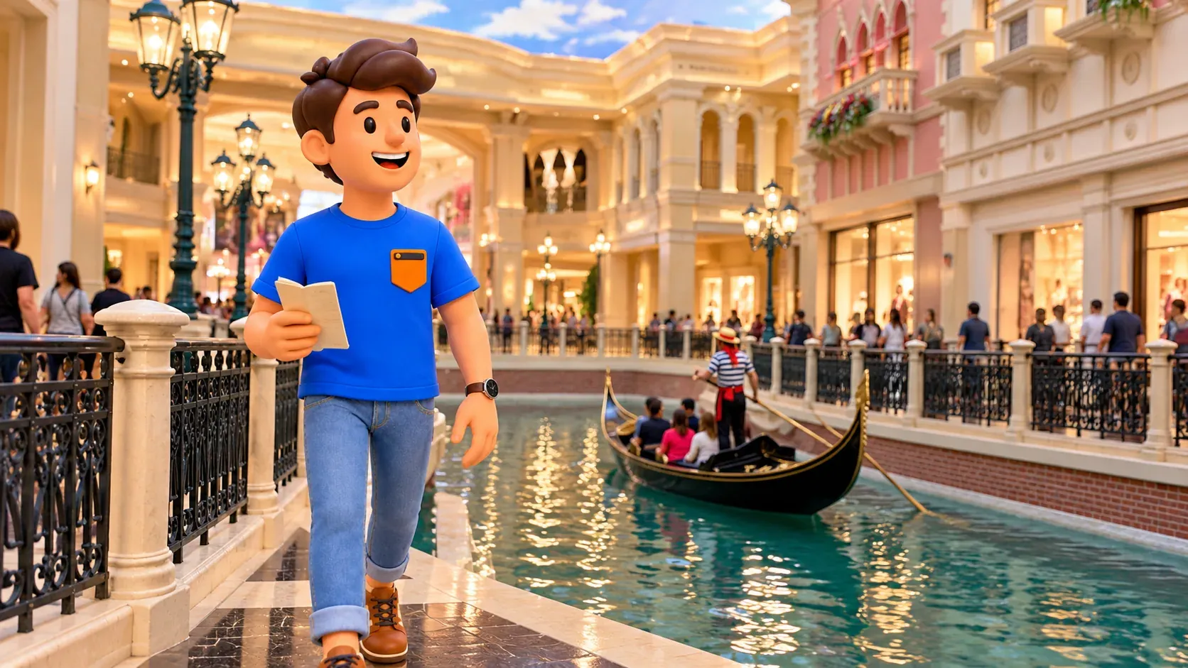 Персонаж рассматривает крытый канал Grand Canal Shoppes в The Venetian