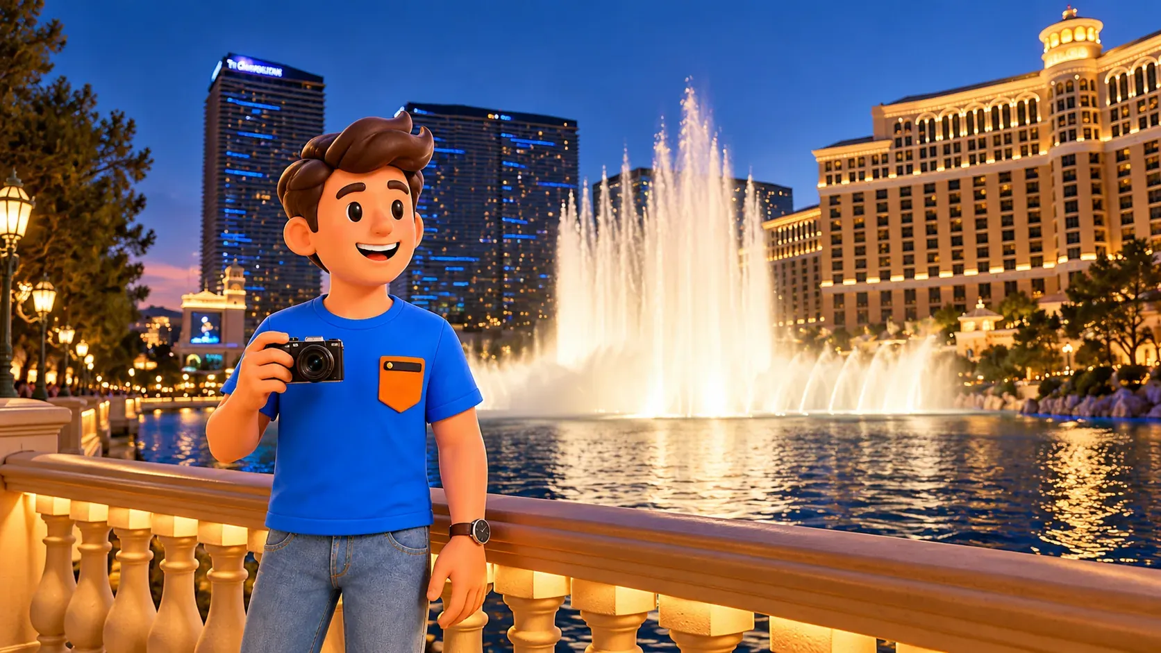 Персонаж с камерой наблюдает вечерние фонтаны Bellagio с посетительской дорожки