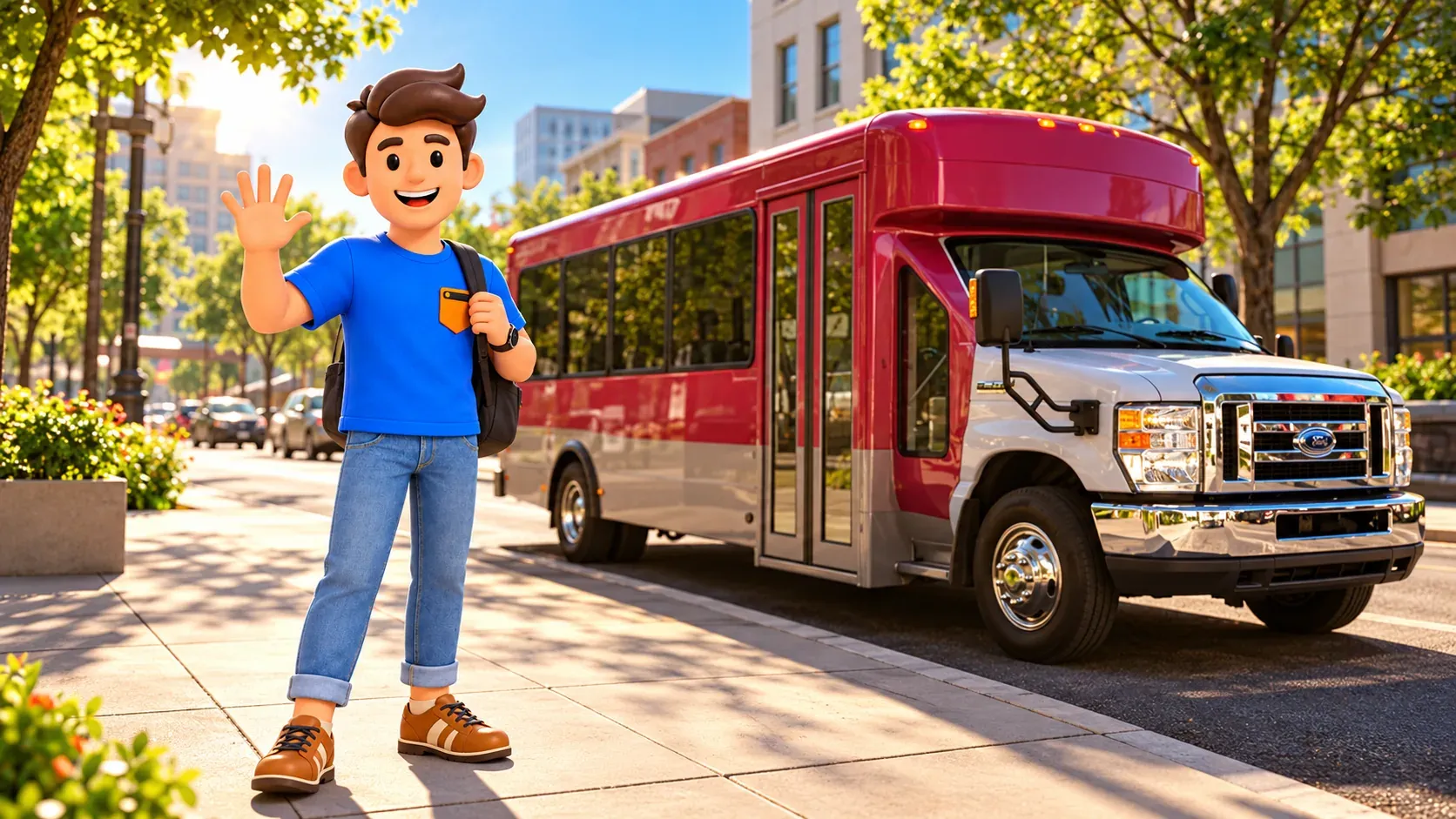 Traveler beside a Downtown Loop shuttle on a city street