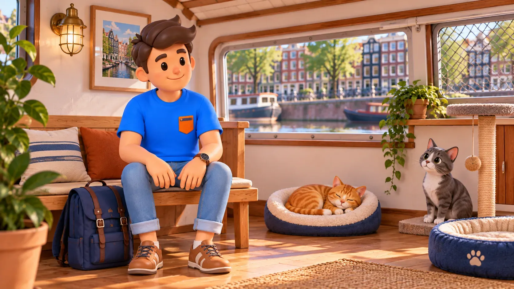 Illustration thématique d’une pièce imaginaire sur un bateau, avec un voyageur assis calmement à distance de chats au repos