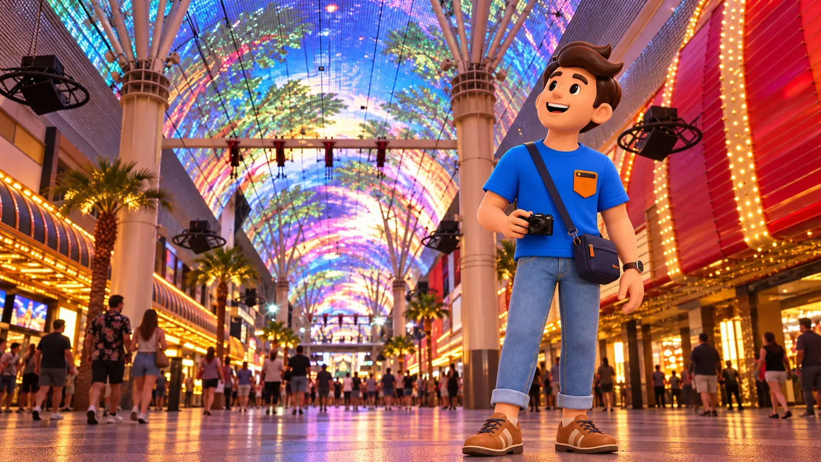 Traveler with a camera looking up at the Fremont Street canopy