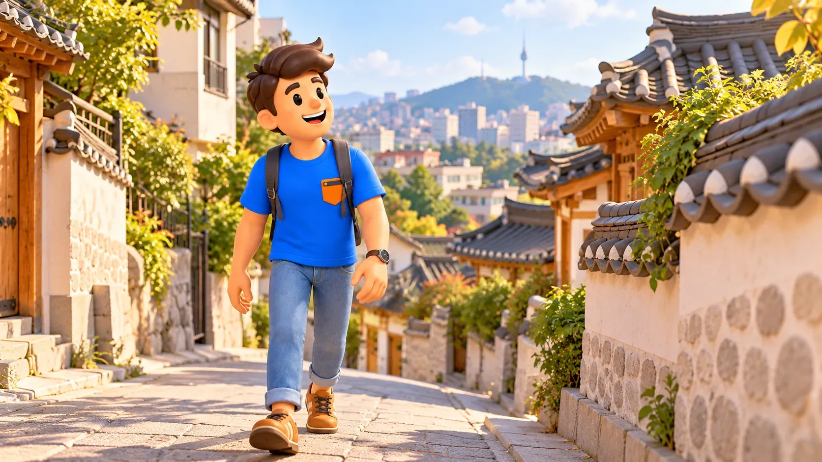 Viajero observando tejados de hanok desde una calle pública