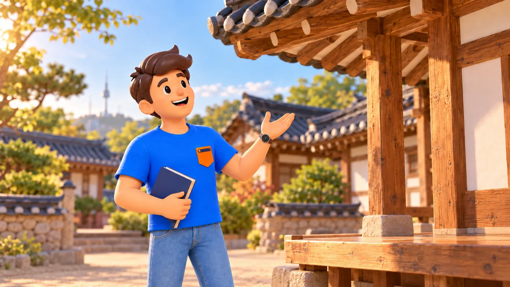 Viajero observando la estructura de un hanok de museo desde un camino permitido