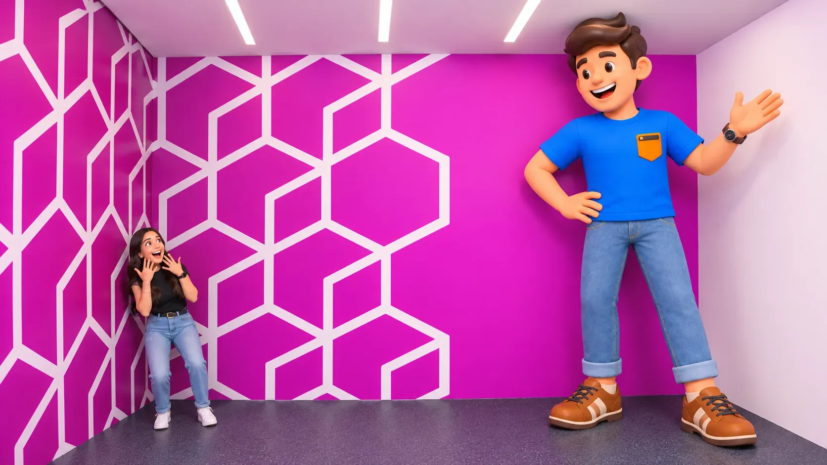 Illustration artistique d’un jeu de perspective dans la salle rose de Museum of Illusions
