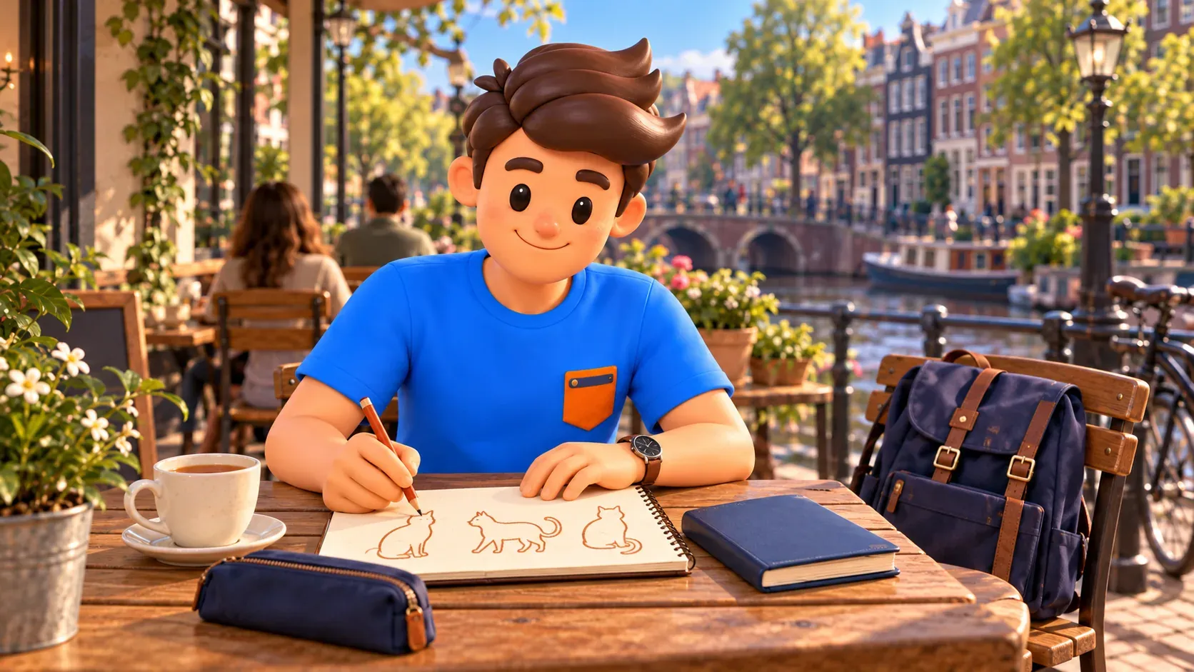 Illustration thématique d’une pause dans un café imaginaire, avec un voyageur dessinant ses silhouettes de chats dans un carnet
